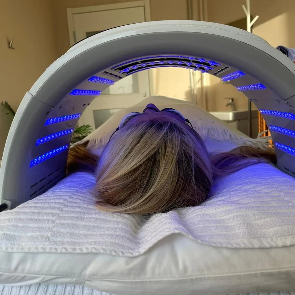 Klient under blå LED-ljusbehandling i behandlingsrummet på Bella Beauty Clinic i Stockholm