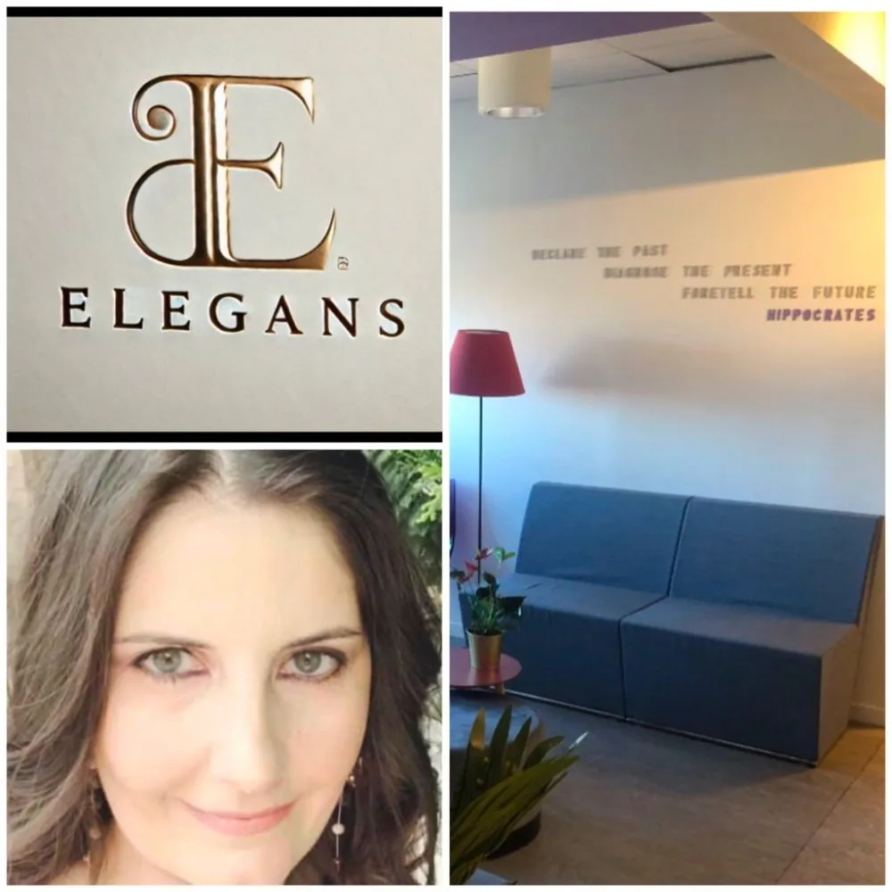 Elegans by Dr Vasiliki Kakani i Stockholm, väntrum och klinikens logotyp
